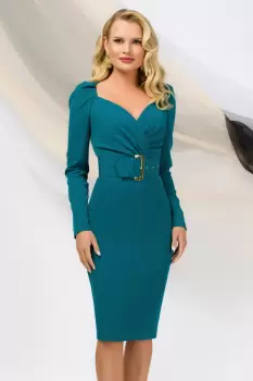Rochie office tip creion Pretty Girl turquoise cu decolteu tip inima si curea imagine