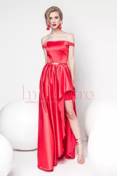 Rochie Pretty Girl eleganta rosie din tafta lasata pe umeri imagine