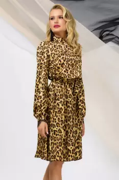 Rochie Pretty Girl midi leopard cu dantela la gat si mansete imagine