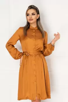 Rochie Pretty Girl mustar din vascoza cu cordon in talie si nasturi tip perla imagine