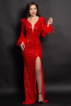 Rochie rosie de seara tip sirena Serafina cu paiete si fulgi imagine