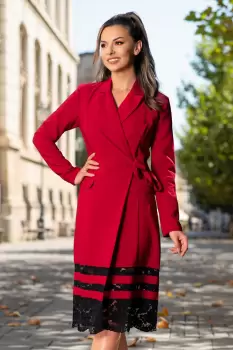 Rochie rosie de zi din stofa cu insertii de dantela neagra petrecuta midi cu revere si maneca lunga imagine