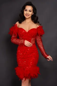 Rochie rosie Valentina scurta cu paiete si fulgi imagine