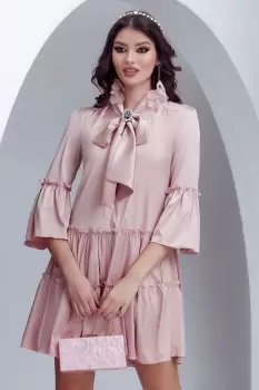 Rochie roz pudra de zi Fofy din voal satinat cu esarfa innodata si brosa imagine