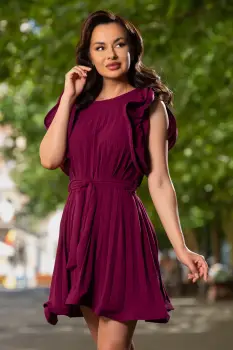 Rochie scurta plisata cu cordon in talie si volane la umeri imagine