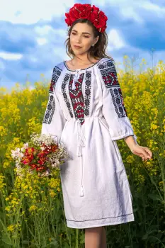 Rochie traditionala alba din bumbac Smarandita cu simbolul stelei imagine