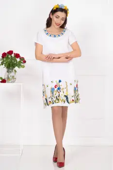 Rochie traditionala alba din in brodata cu flori multicolore imagine