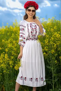 Rochie traditionala alba Rodica din vascoza cu broderie florala imagine