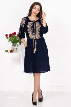 Rochie traditionala bleumarin Elisa cu broderie florala bej imagine