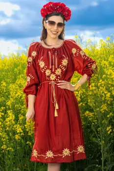 Rochie traditionala bordo Alessia din bumbac cu broderie florala imagine