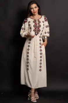 Rochie traditionala crem Coralia cu broderie cu simbolul rombului imagine