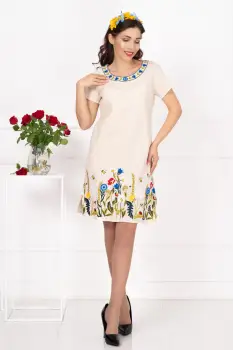 Rochie traditionala din in brodata cu flori multicolore imagine