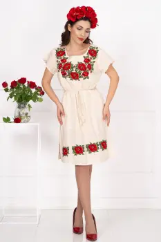 Rochie traditionala din in cu bujori brodati imagine