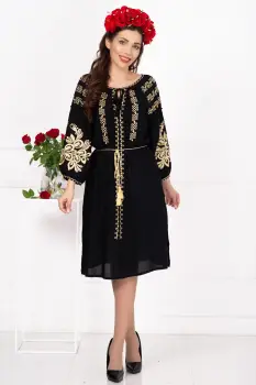 Rochie traditionala din vascoza neagra Ecaterina cu broderie bej imagine