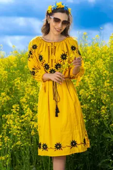 Rochie traditionala galbena Alessia din bumbac cu broderie florala imagine
