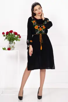 Rochie traditionala neagra Dafina cu flori orange brodate imagine