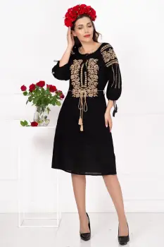 Rochie traditionala neagra Elisa cu broderie florala bej imagine