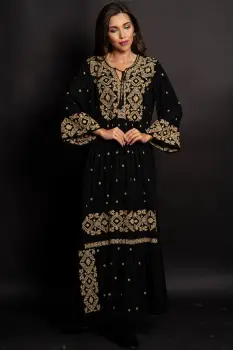 Rochie traditionala neagra Gina lunga cu broderie bej imagine