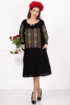 Rochie traditionala neagra Ilaria cu broderie traditionala bej imagine