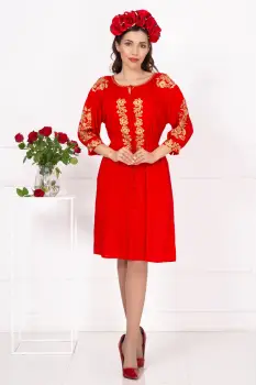 Rochie traditionala rosie Fenicia cu broderie florala aurie imagine