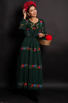 Rochie traditionala Sanziana Verde cu broderie florala imagine