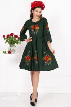 Rochie traditionala verde Angelica cu flori multicolore brodate imagine