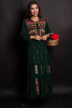 Rochie traditionala verde cu motive florale Gradina Stramosilor imagine