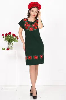 Rochie traditionala verde din in cu bujori brodati imagine