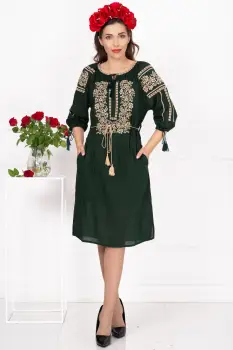 Rochie traditionala verde Elisa cu broderie florala bej imagine