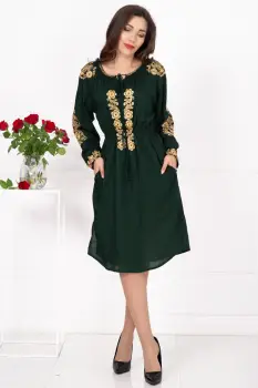 Rochie traditionala verde Fenicia cu broderie florala aurie imagine