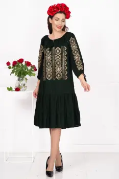 Rochie traditionala verde Ilaria cu broderie traditionala bej imagine