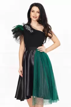 Rochie Venezia neagra cu mini trena din tulle accesorizata cu strassuri si pene imagine