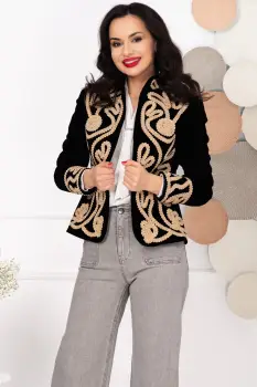 Sacou dama Effect din catifea neagra cu broderie aurie imagine