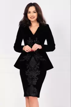 Sacou elegant Effect asimetric din catifea negru cu broderie pretioasa imagine