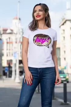 Tricou casual alb cu paiete reversibile imagine