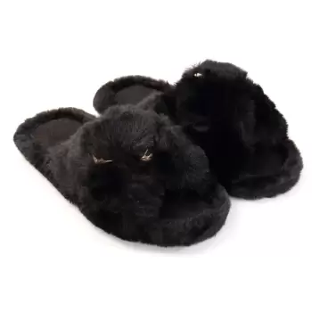 Papuci de casa pufosi negri Ziren imagine