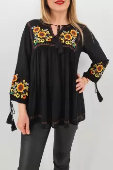 Bluza tip ie neagra cu broderie florala - Lavinia imagine