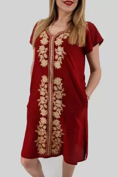 Rochie bordo cu broderie aurie - Flori imagine