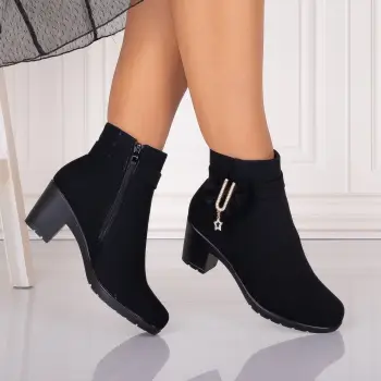 Botine Dama Imblanite cu toc Negre din Piele Ecologica Intoarsa Jomya imagine