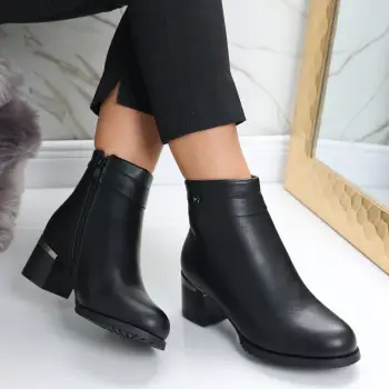 Botine Dama Imblanite Negre din Piele Ecologica Ainoma imagine