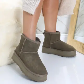 Cizme Dama Imblanite Kaki din Piele Naturala Intoarsa Angina imagine