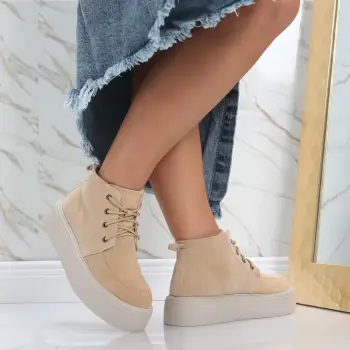 Ghete dama Bej din Piele Intoarsa Naturala Jida imagine