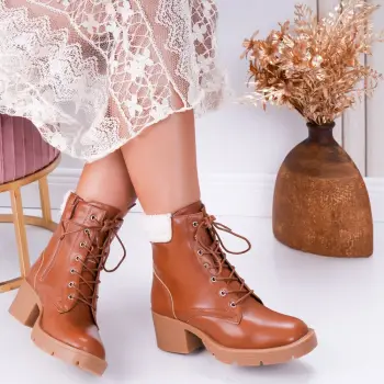 Ghete dama cu siret si toc Camel din piele ecologica Mars imagine