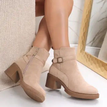 Ghete dama cu toc Bej din Piele Ecologica Intoarsa Kim imagine