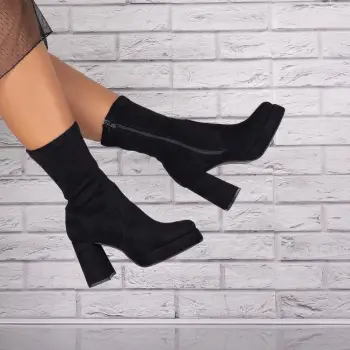 Ghete Dama cu toc Negre din Piele Ecologica Intoarsa Evomela imagine