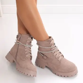 Ghete Dama Imblanite Bej din Piele Ecologica Intoarsa Savrin imagine