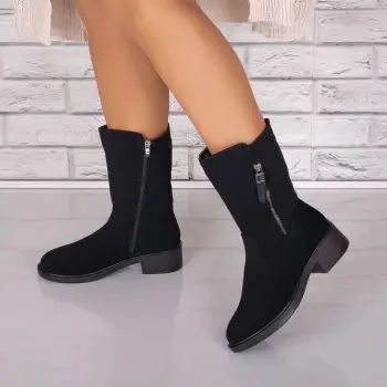 Ghete Dama Imblanite Negre din Piele Ecologica Intoarsa Acansa imagine