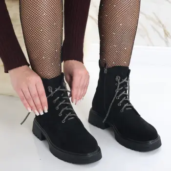 Ghete Dama Imblanite Negre din Piele Ecologica Intoarsa Evyana imagine