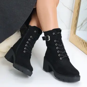 Ghete Dama Imblanite Negre din Piele Ecologica Intoarsa Tanya imagine