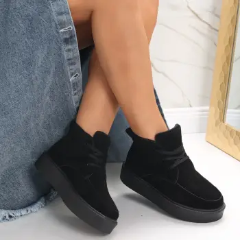 Ghete dama Negre din Piele Naturala Intoarsa Risna imagine